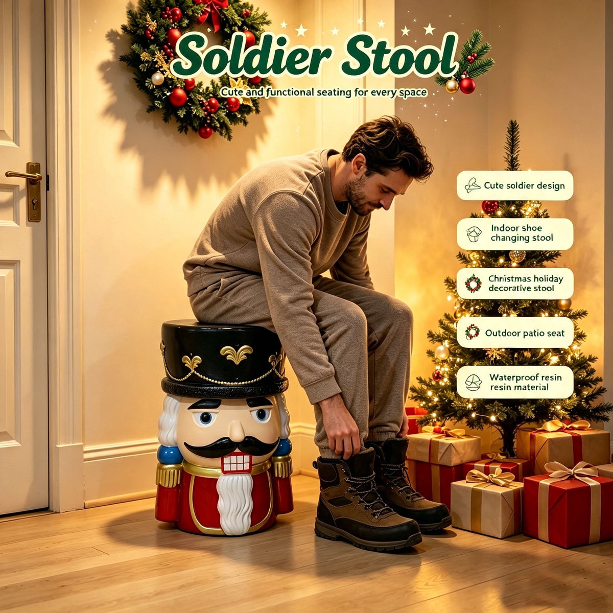19" Nutcracker Soldier Stool, Retro Christmas Side Table Decor for Indoor & Outdoor Patio, Garden & Living Room