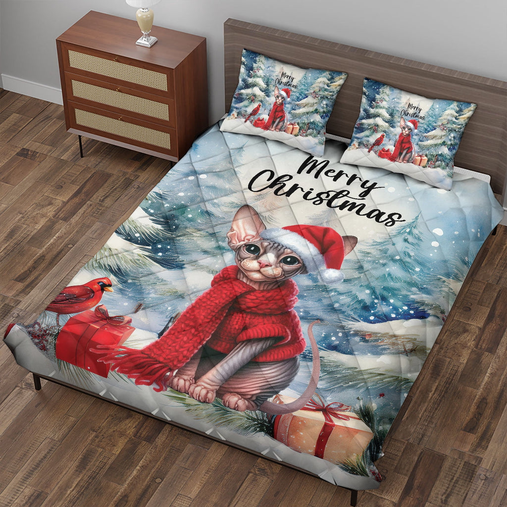 Merry Christmas Sphynx Enjoys Catmas Winter Xmas Holiday Quilt Bedding Set Cat Lover Kitten Owner Gifts Idea 1 Blanket Bed Cover 2 Pillowcases - 02022