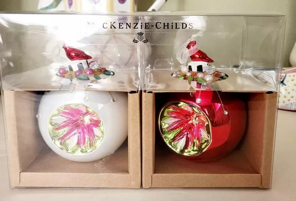 Mackenzie Childs Beautiful Set of 2 Cardinal Glass Reflector Christmas Ornaments NEW IN ORIGINAL BOX WITH TAGS, 100% AUTHENTIC, Great Gift.