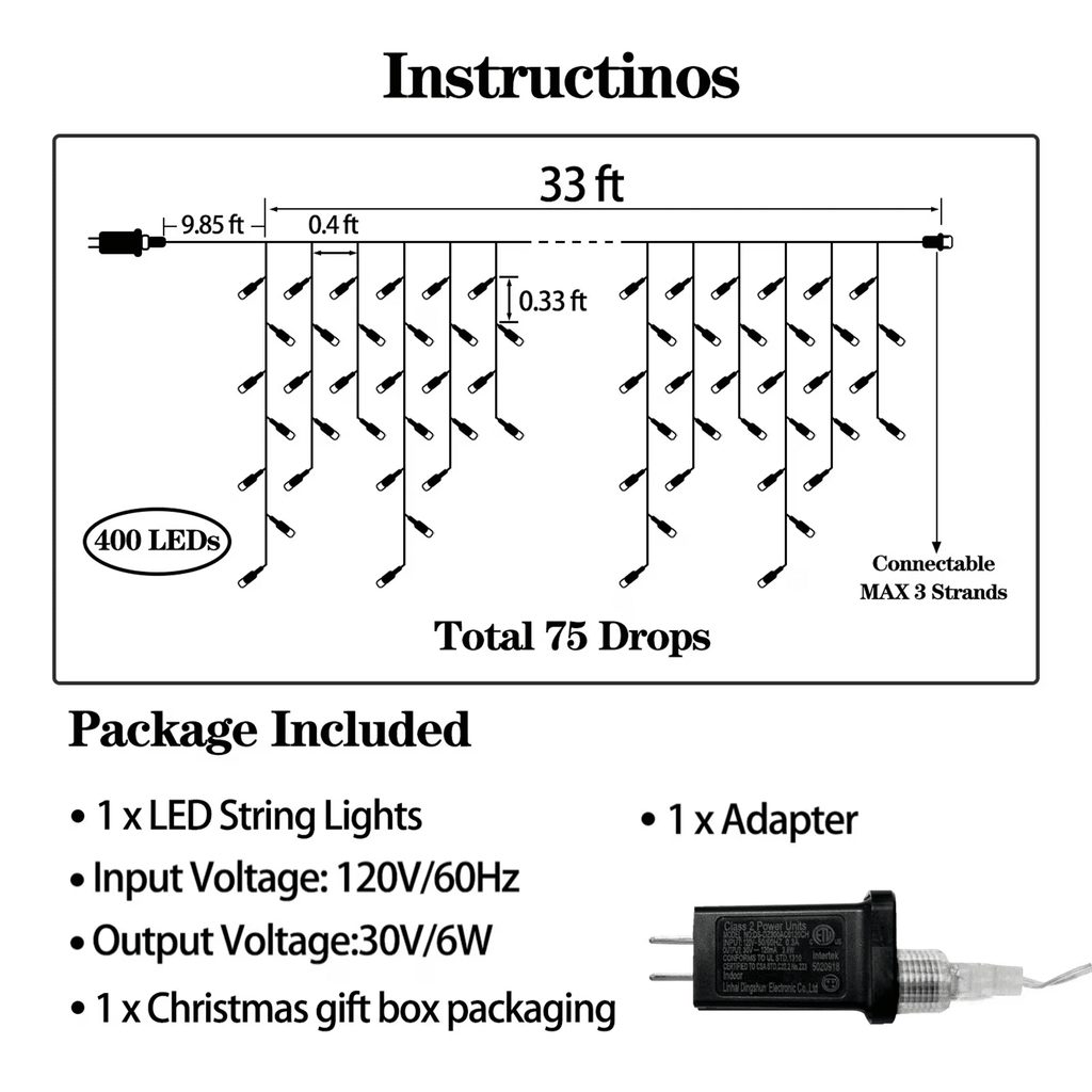 Scidweet Christmas Icicle String Lights, 33ft 400 LED Fairy Twinkle Lights 8 Modes Plug in Light for Holiday Wedding Party Home Indoor Outdoor Decoration, Cool White
