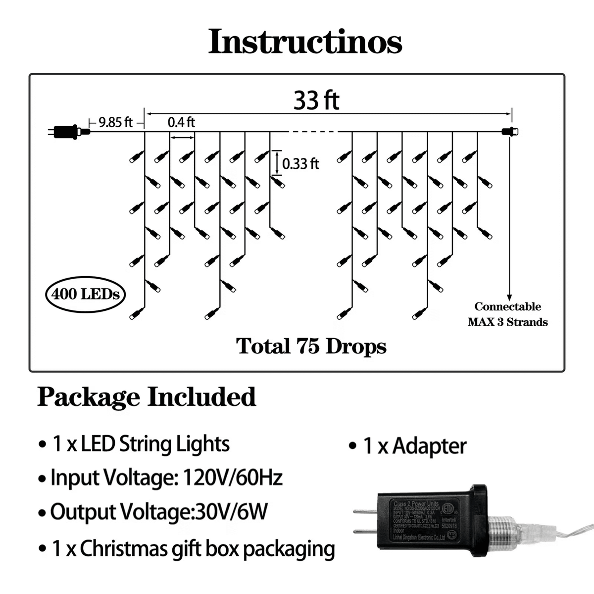 Scidweet Christmas Icicle String Lights, 33ft 400 LED Fairy Twinkle Lights 8 Modes Plug in Light for Holiday Wedding Party Home Indoor Outdoor Decoration, Cool White