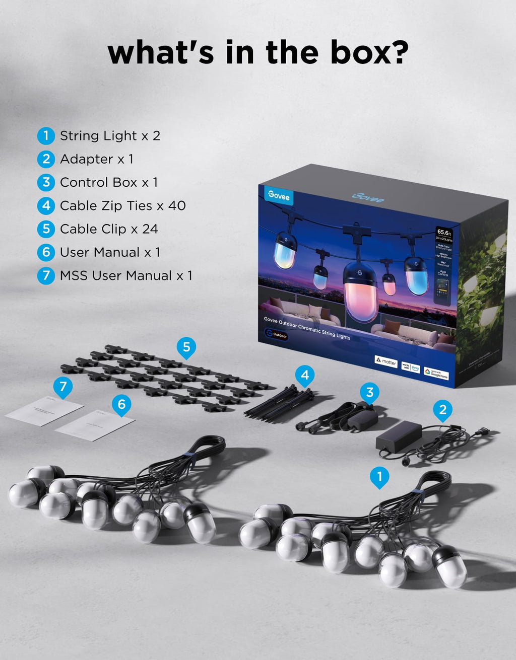 Govee Outdoor Chromatic String Lights, 65.6ft RGBIC Outdoor Lights, 55 RGB LEDs per Bulb, Uni-IC Control, 111+ Scenes, IP67 Waterproof, String lights compatible with Alexa, Google, Matter, App