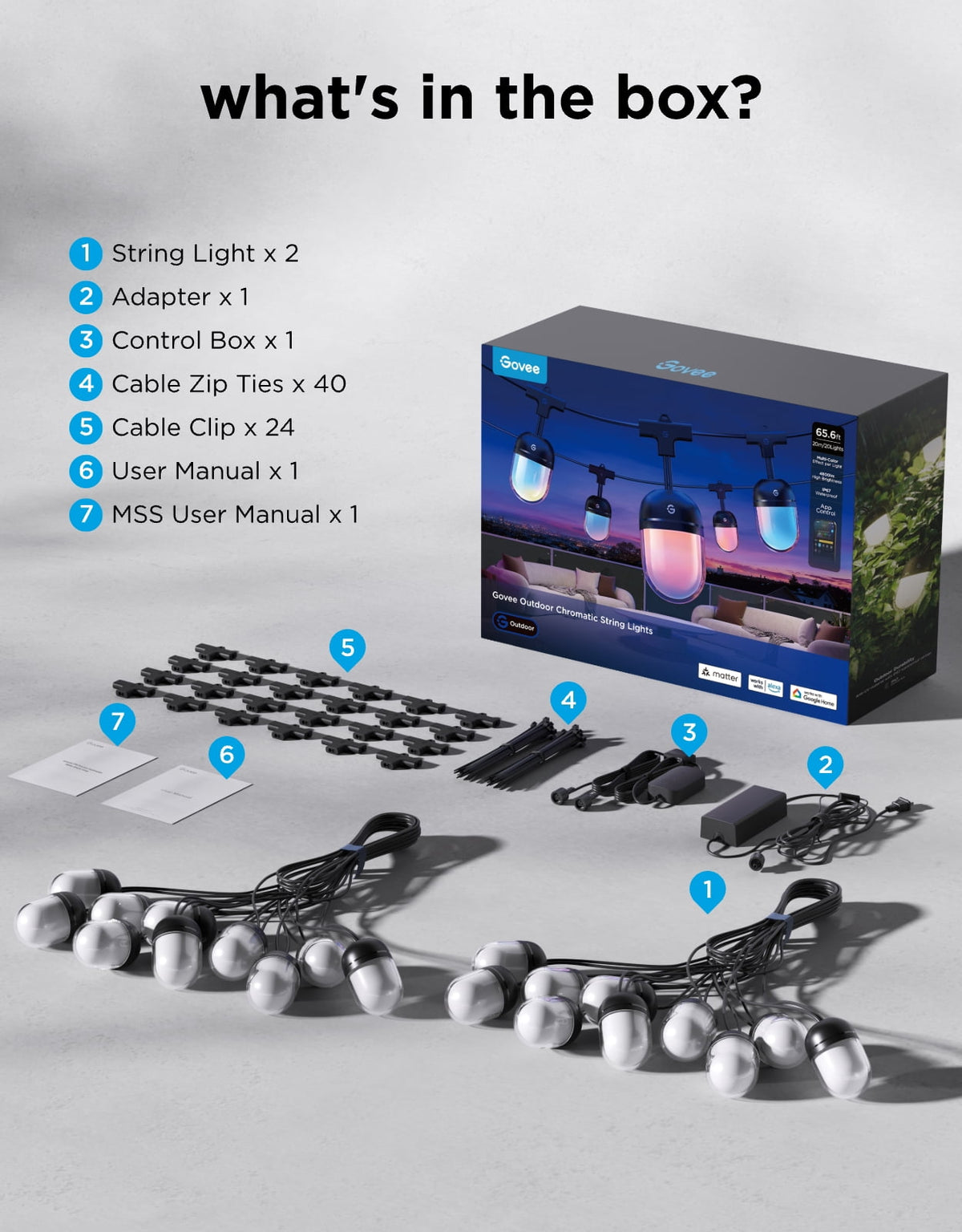 Govee Outdoor Chromatic String Lights, 65.6ft RGBIC Outdoor Lights, 55 RGB LEDs per Bulb, Uni-IC Control, 111+ Scenes, IP67 Waterproof, String lights compatible with Alexa, Google, Matter, App