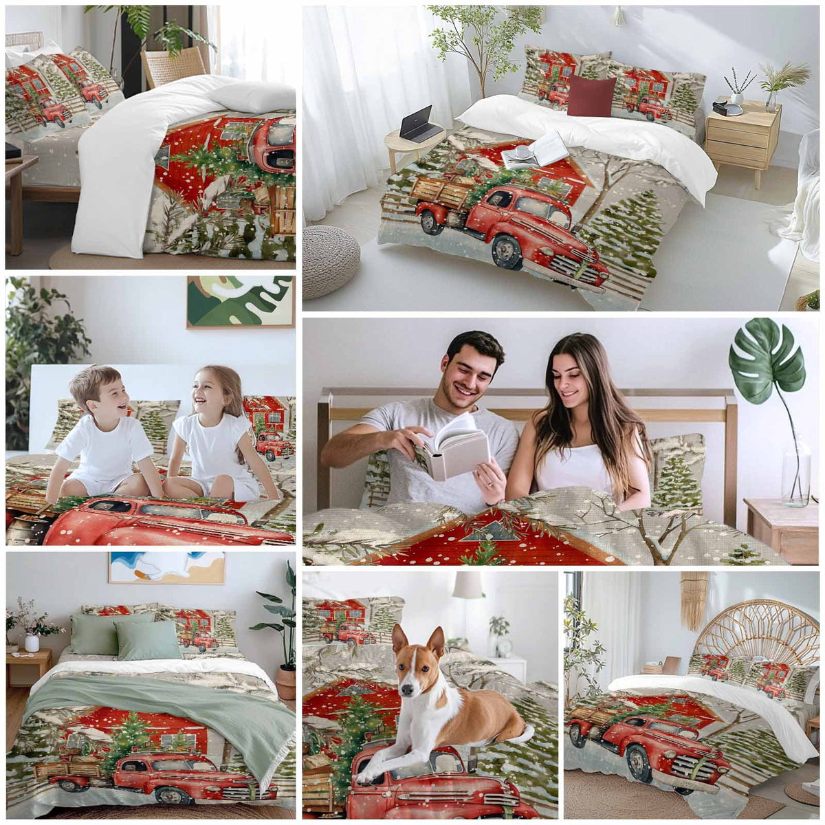 Merry Christmas Bedding Duvet Cover Set Full Size 4 Pieces Xmas Tree Red Truck Barn Snowflake Gray Bedding Set with Zipper Closure, 1 Comforter Cover 86x90 Inches 1 Flat Sheet & 2 Pillow Cases