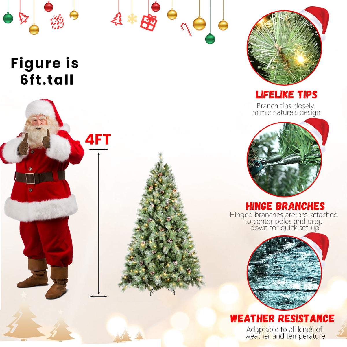 Acpouw 6FT Christmas Tree with 300 Warm White LED Lights – 988 PVC & Hard Needle Tips, 66 Pine Cones, Hinged Branch Design, Sturdy Metal Stand – Full Realistic Holiday Tree