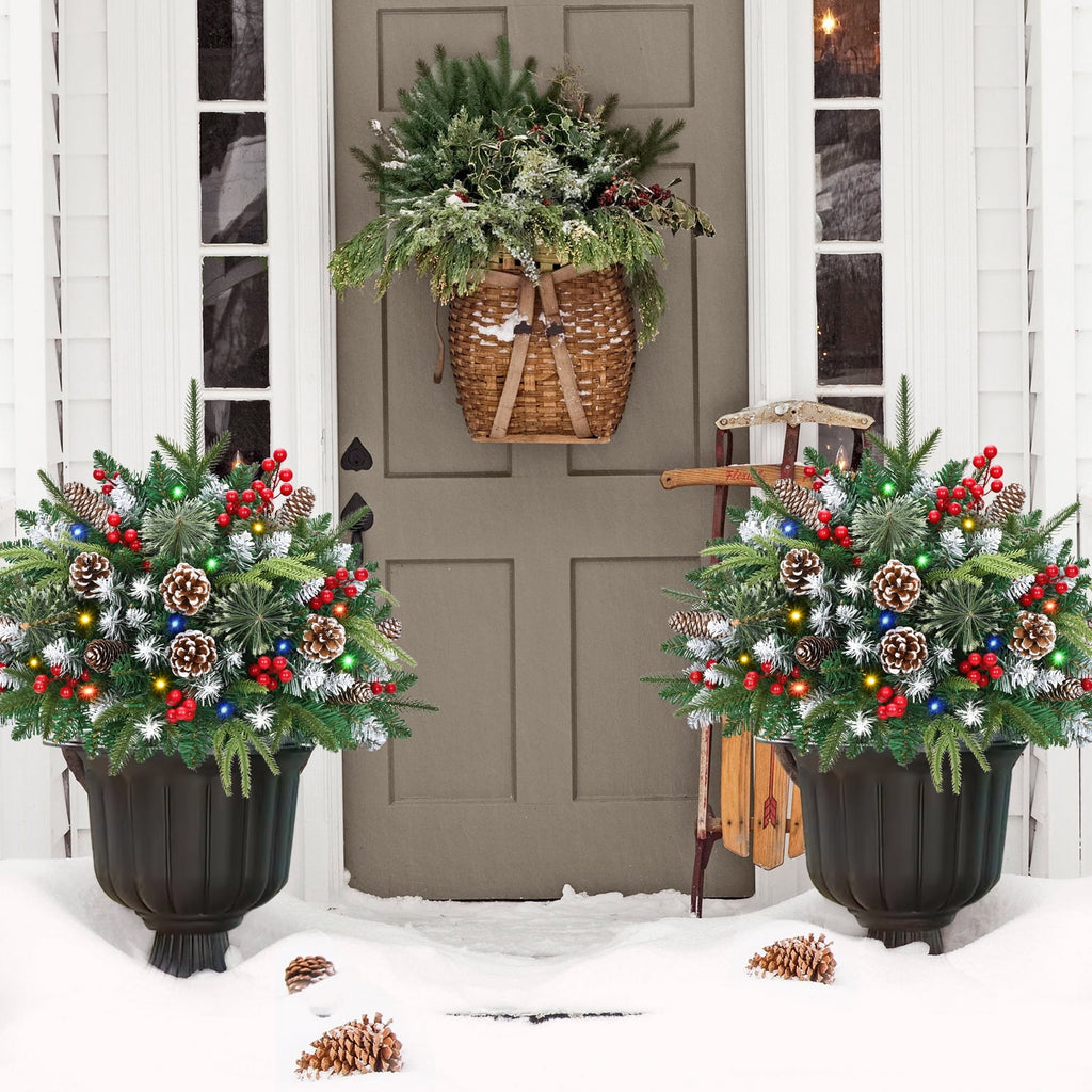 Ikfashoni 2 Pack Christmas Urn Filler, 26 in Pre-lit Outdoor Christmas Tree with Remote, Artificial Christmas Porch Pathway Decoration