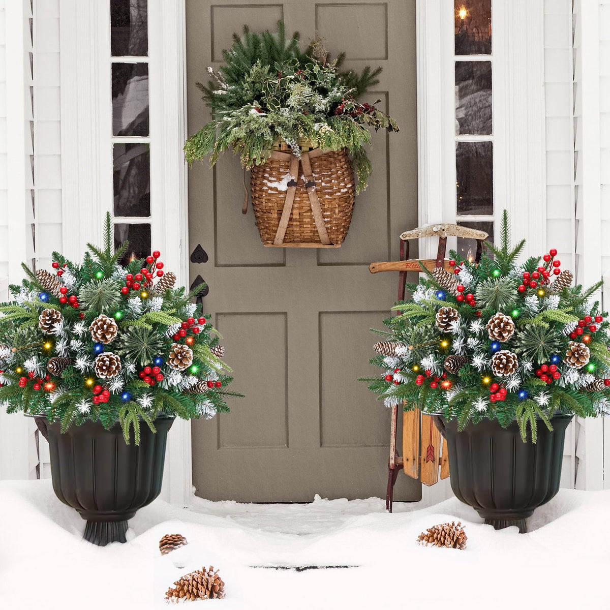 Ikfashoni 2 Pack Christmas Urn Filler, 26 in Pre-lit Outdoor Christmas Tree with Remote, Artificial Christmas Porch Pathway Decoration