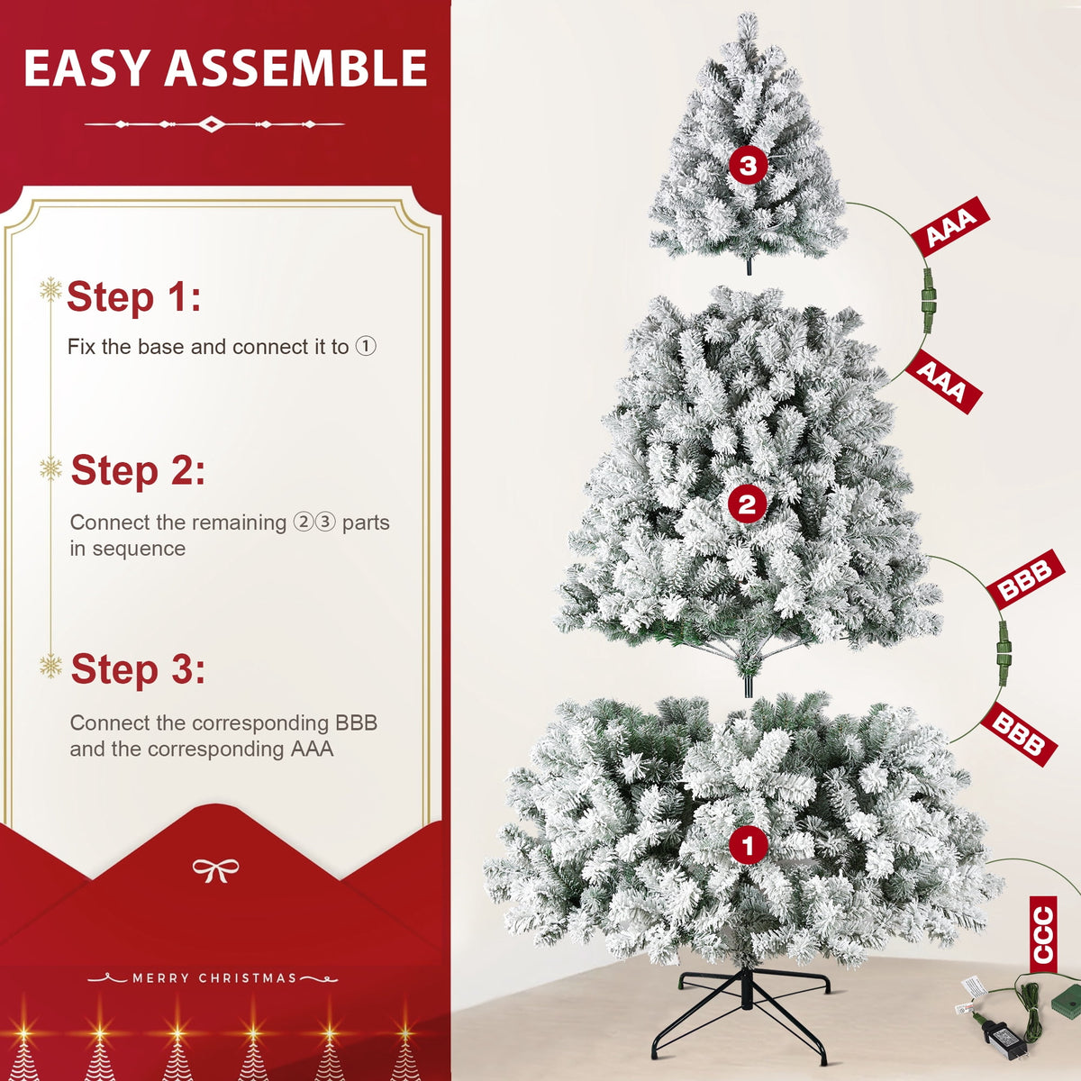 Yexmas 7.5ft Pre-Lit Snowflake Flocked Christmas Tree,8 Modes LED Lights,Artificial Xmas Tree with Storage Bag