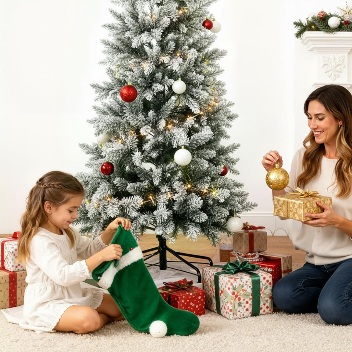 LIFERECORD 6ft Prelit Artificial Hinged Slim Pencil Christmas Tree with 250 Lights, 571 Full Branch Tips, 8 Warm Lingting Motes Perfect Decoration for Xmas Holiday, Green