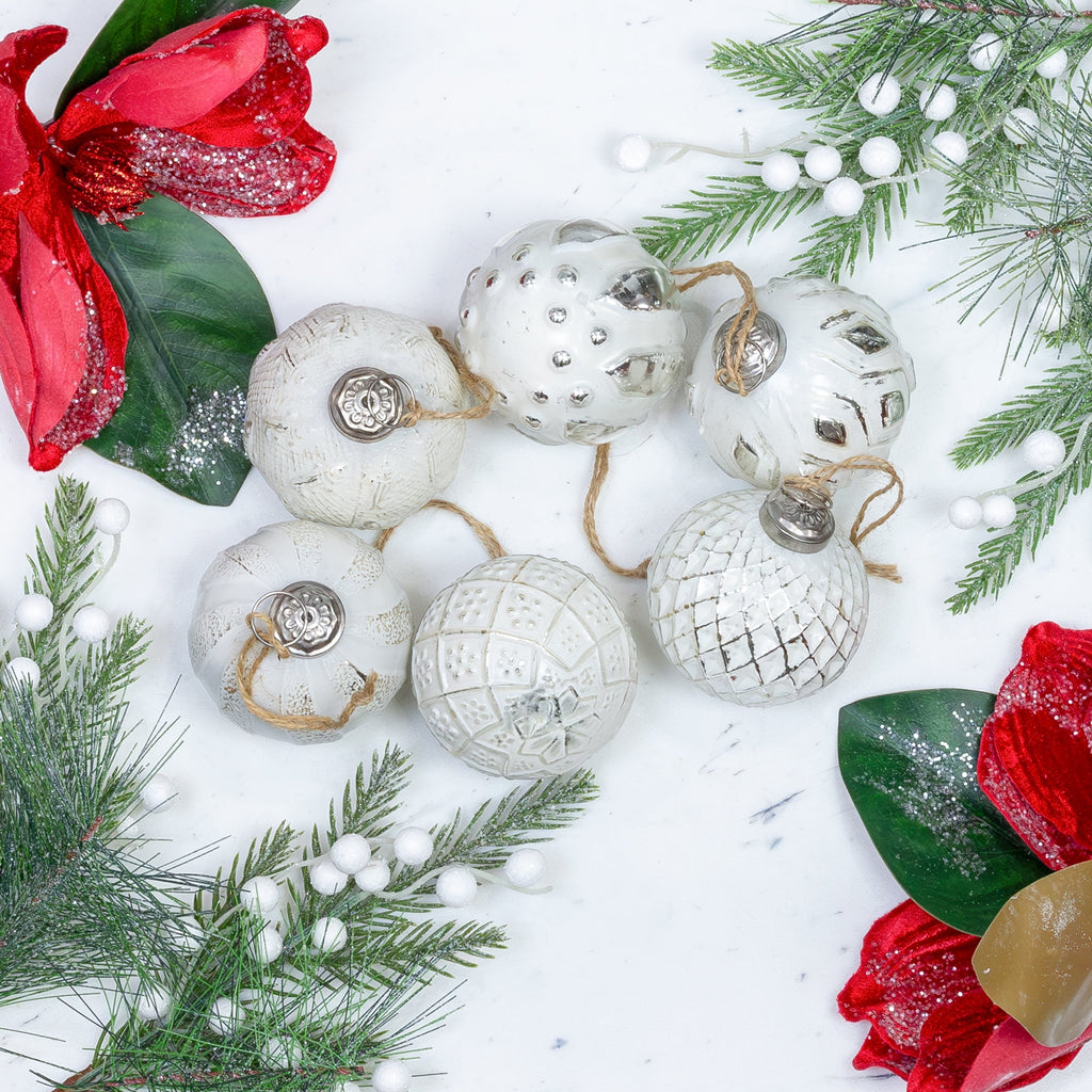 AuldHome Design Farmhouse Ball Ornaments (Set of 6, Gold/Silver); Distressed Metal Glass Ball Vintage Style Christmas Decorations