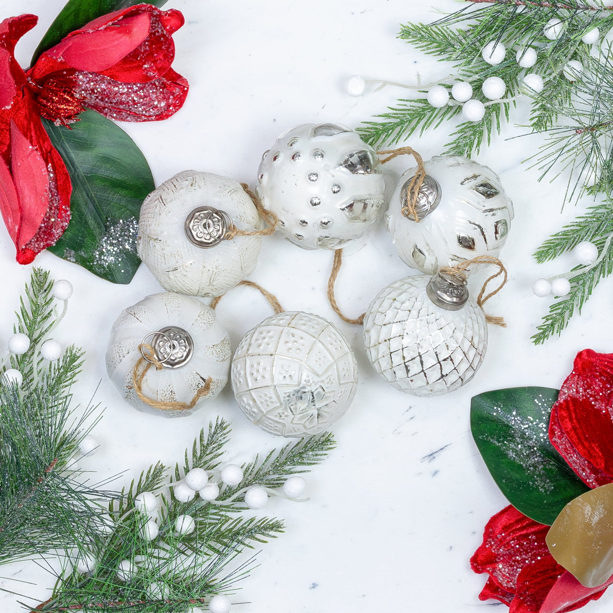 AuldHome Design Farmhouse Ball Ornaments (Set of 6, Gold/Silver); Distressed Metal Glass Ball Vintage Style Christmas Decorations