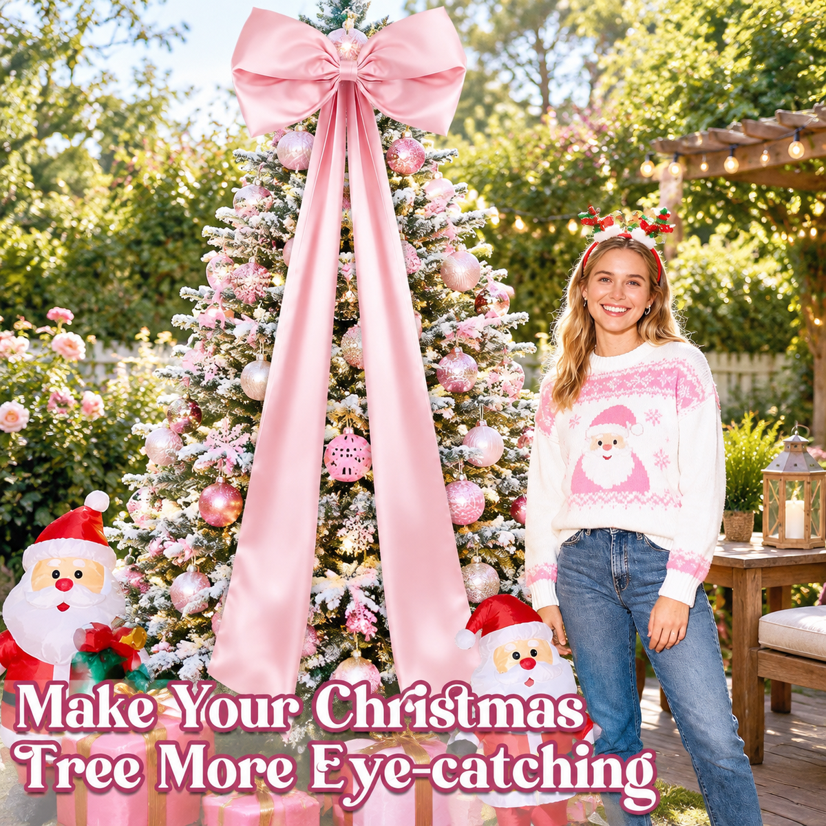 Extra Large Christmas Tree Topper Bow, Pink, 10.2ft Long Ribbons for 9-12ft Trees