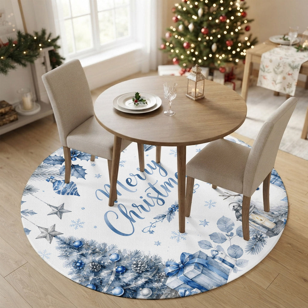 Large Area Rugs for Living Room Bedroom, Blue Merry Christmas 8'x10' Rug Washable Carpet Runner Indoor Outdoor, Xmas Tree Snowman Eucalyptus Wood Non Slip Floor Mats Rug for Kitchen, Patio