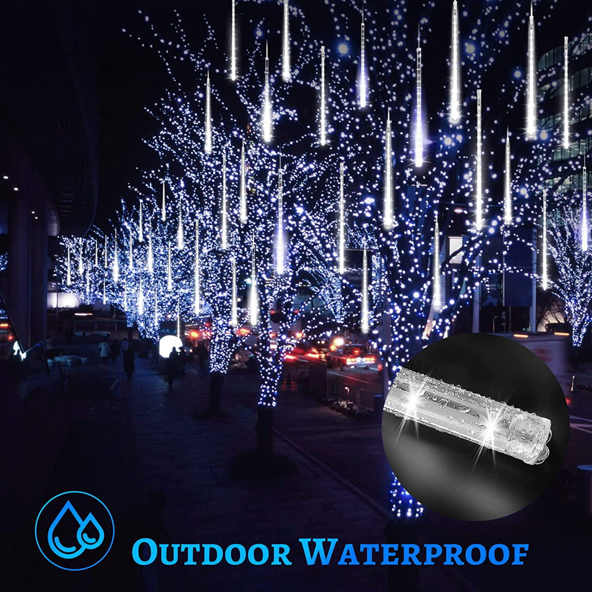 Christmas Lights, Christmas Lights Outdoor, Meteor Shower Lights 12 Inch 8 Tube 192 LED, Raindrop Snowfall Lights for Tree Yard Party Patio Christmas Decorations Lights, Blue