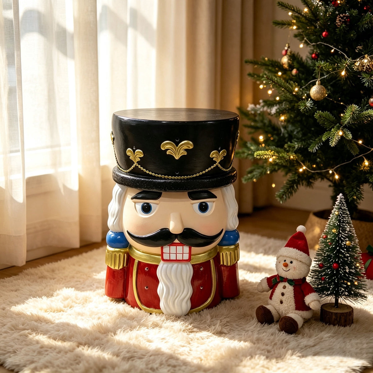 19" Nutcracker Soldier Accent Side Table, Resin Christmas Stool, Black & Red