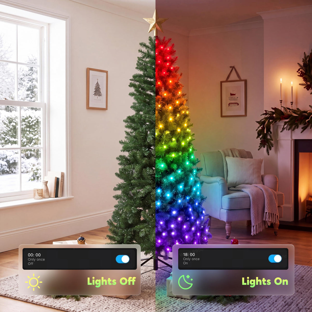 Joyfy 6 FT Prelit Slim Christmas Tree with 250 RGB Lights,App & Remote Control,Hinged Branches,Gloves & Metal Base Included,Easy Setup,Realistic Artificial Pencil Tree for Xmas Indoor Holiday Decor