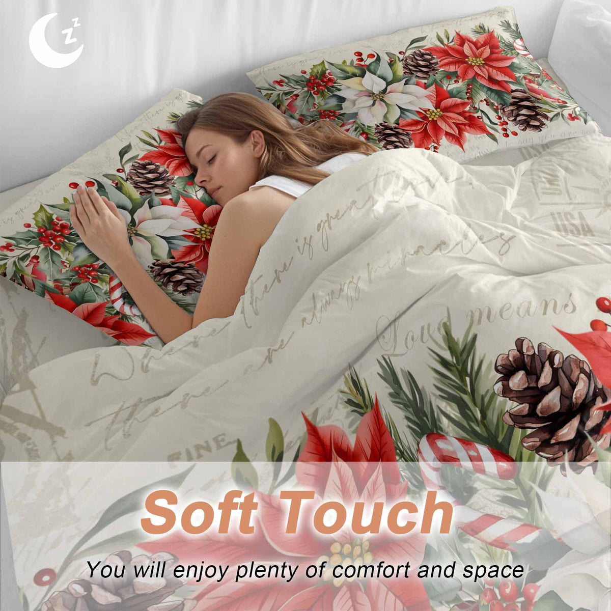 Red White Flowers Bedding Duvet Cover Set Twin 4 Pieces Pine Cone Winter Snowflakes Christmas Vintage Letter Bedding Set with Zipper Closure,1 Comforter Cover 68x90 In 1 Flat Sheet & 2 Pillow Cases