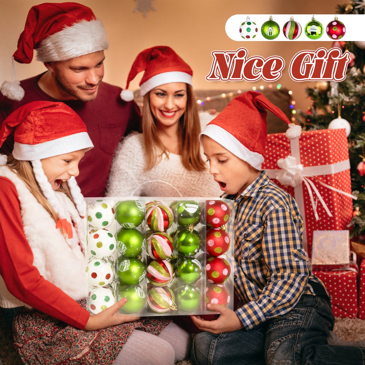 Sinkoo 40pcs Christmas Ornaments Set, 2.4" Glittering Red Green White Elf Bulbs for Christmas Tree, Shatterproof Hanging Decor for Home Party Xmas Holiday Decor