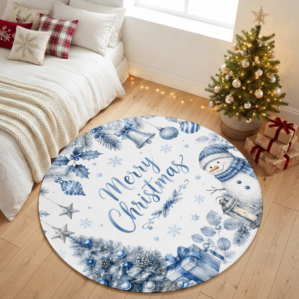 Large Area Rugs for Living Room Bedroom, Blue Merry Christmas 8'x10' Rug Washable Carpet Runner Indoor Outdoor, Xmas Tree Snowman Eucalyptus Wood Non Slip Floor Mats Rug for Kitchen, Patio