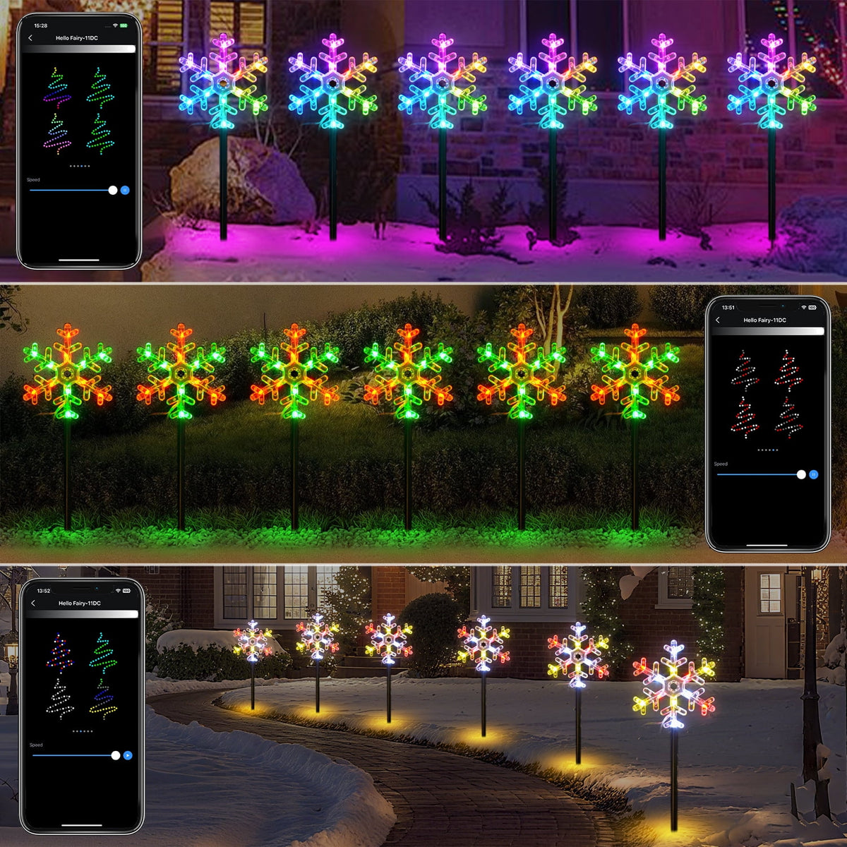 6 Pcs Snowflake Pathway Smart Lights Outdoor RGB Christmas Lights with App & Remote Control Music Sync 105 Scene Modes Extendable Garden Decorative Fairy Lights for Holiday Party Yard
