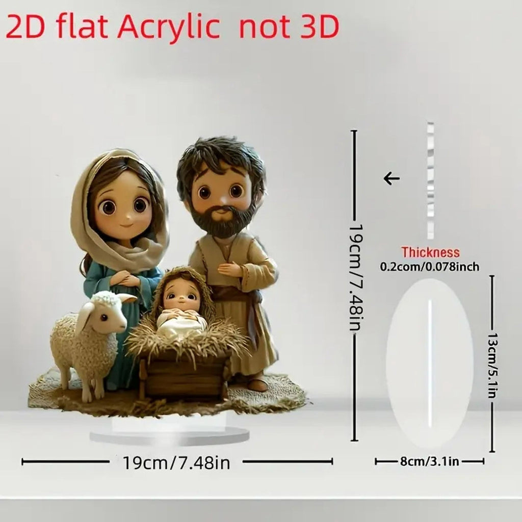 2D Acrylic Nativity Scene - Flat Manger Tabletop Decor with Sheep & Holy Family (Khaki)