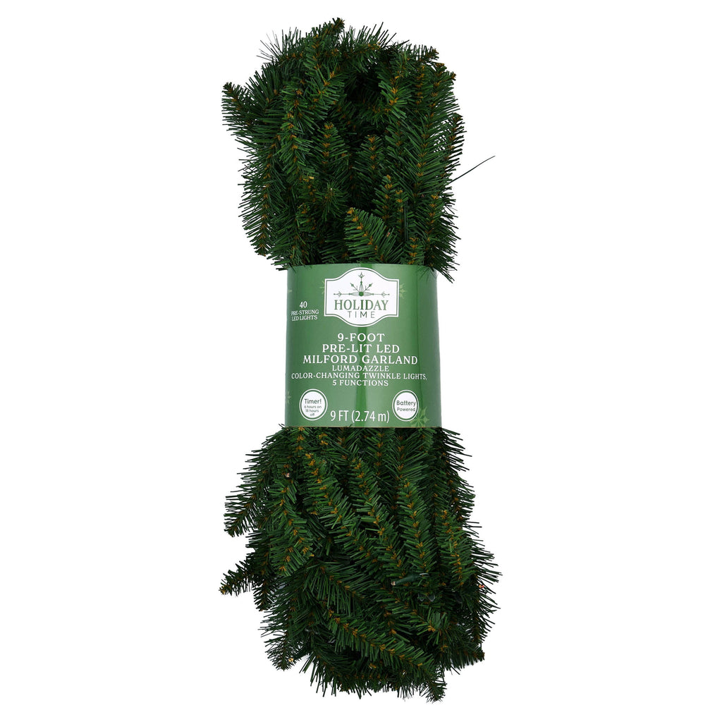 Milford LumaDazzle Pre-Lit Color-Changing Twinkle LED Artificial Christmas Garland, Green, 9', by Holiday Time