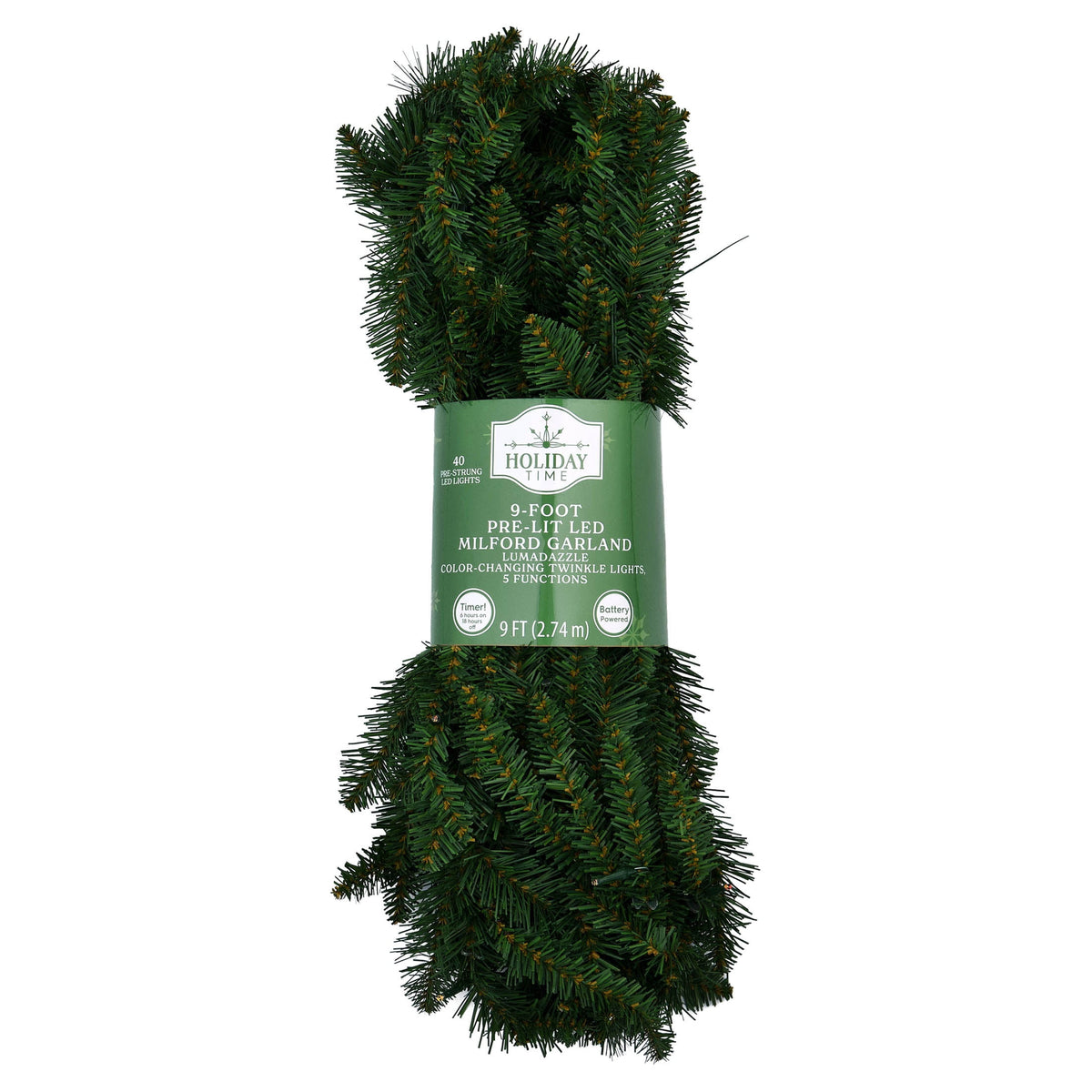 Milford LumaDazzle Pre-Lit Color-Changing Twinkle LED Artificial Christmas Garland, Green, 9', by Holiday Time