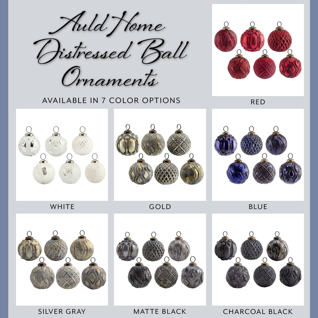 AuldHome Design Farmhouse Ball Ornaments (Set of 6, Gold/Silver); Distressed Metal Glass Ball Vintage Style Christmas Decorations