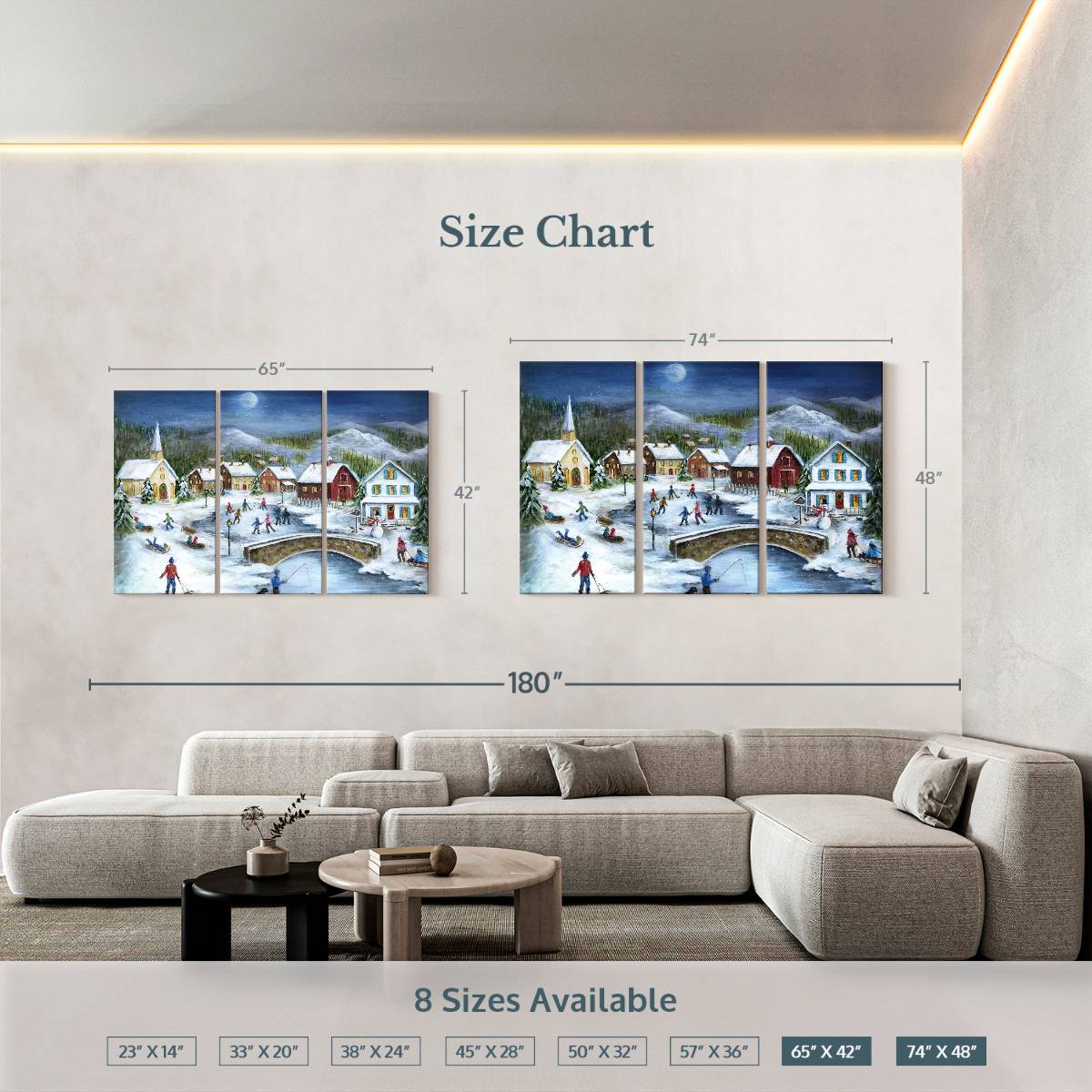 Elephant Stock Moonlit Skaters Wall Art - Horizontal Multi Panel Canvas - Living Room Wall Decor - Holiday Multi Panel - Blue And White Decor By Marilyn Dunlap - 74" x 48"