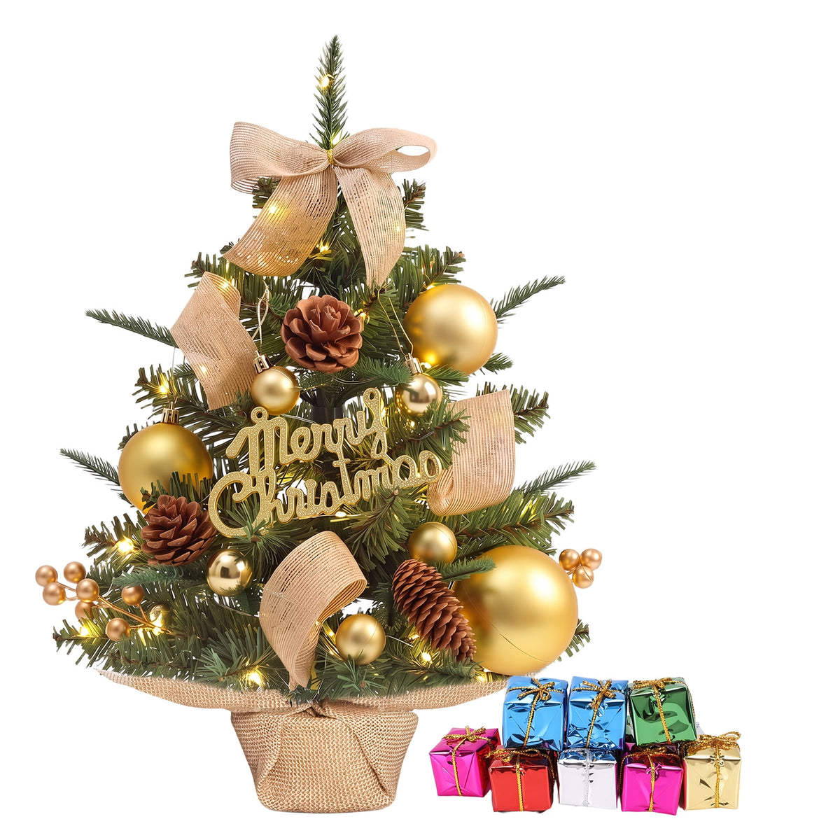 22" Mini Christmas Tree with 30 LEDs, Red Berries & Pinecones, DIY Kit, Battery Powered Tabletop Tree Christmas Decorations Gifts for Dorms, Offices, Home, Classrooms Desks & Small Spaces