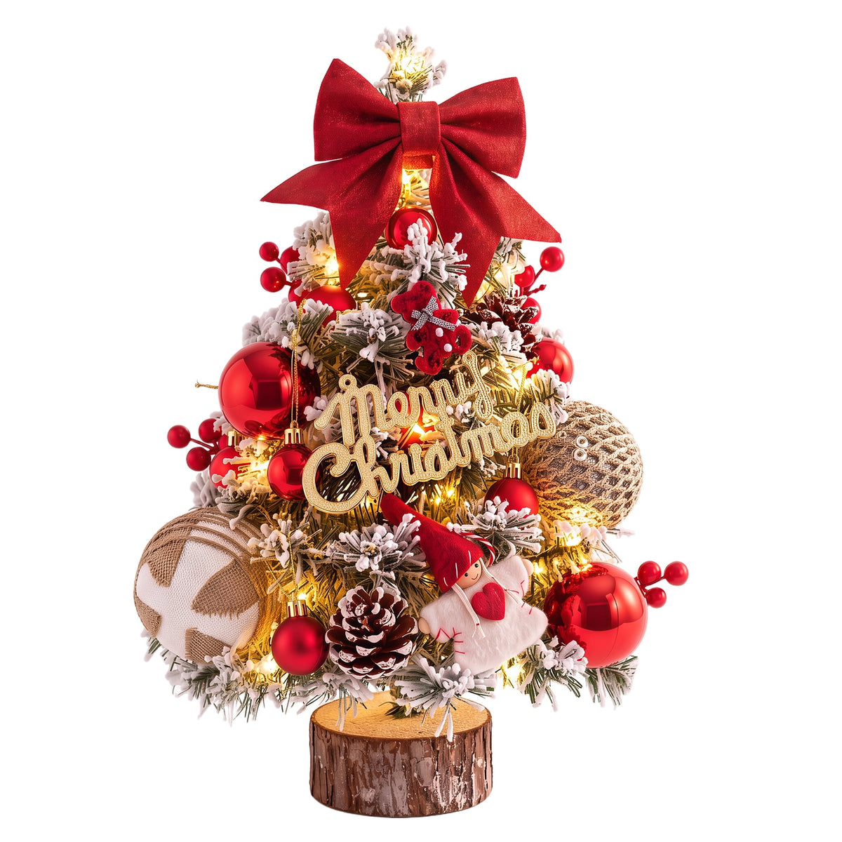 22" Mini Christmas Tree with 30 LEDs, Red Berries & Pinecones, DIY Kit, Battery Powered Tabletop Tree Christmas Decorations Gifts for Dorms, Offices, Home, Classrooms Desks & Small Spaces