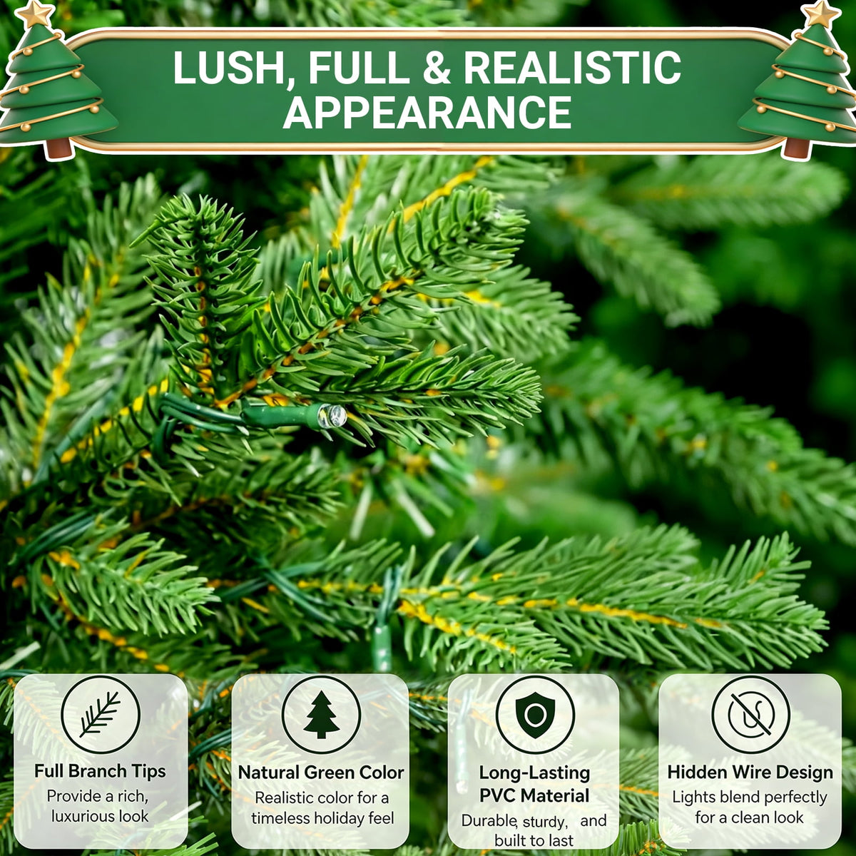 4ft Pre-Lit Artificial Christmas Trees, Green Xmas Tree with Realistic 200 Branch Tips & 150 Warm White LED Lights Premium Holiday Pine Tree for Festival Home, Office Decor, Indoor