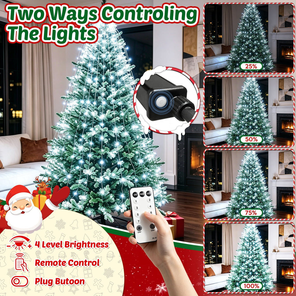 Christmas Tree Lights with Ring, 400 LED Cool White Tree Ring Light, 16 Strands 6.6FT Cascade with Remote & Timer for Indoor Xmas Tree Decor
