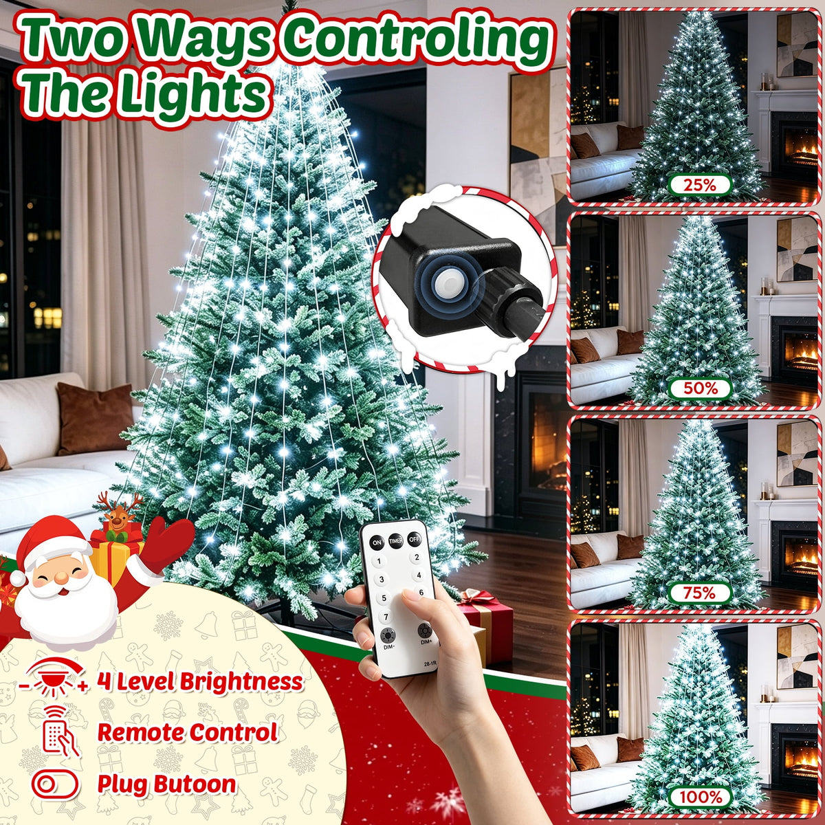Christmas Tree Lights with Ring, 400 LED Cool White Tree Ring Light, 16 Strands 6.6FT Cascade with Remote & Timer for Indoor Xmas Tree Decor