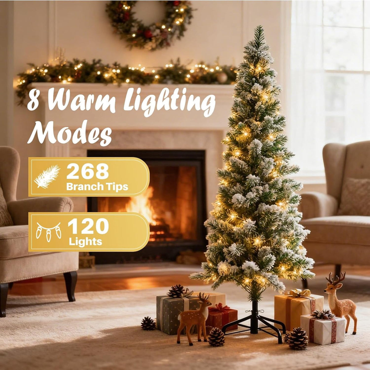 LIFERECORD 6ft Prelit Artificial Hinged Slim Pencil Christmas Tree with 250 Lights, 571 Full Branch Tips, 8 Warm Lingting Motes Perfect Decoration for Xmas Holiday, Green