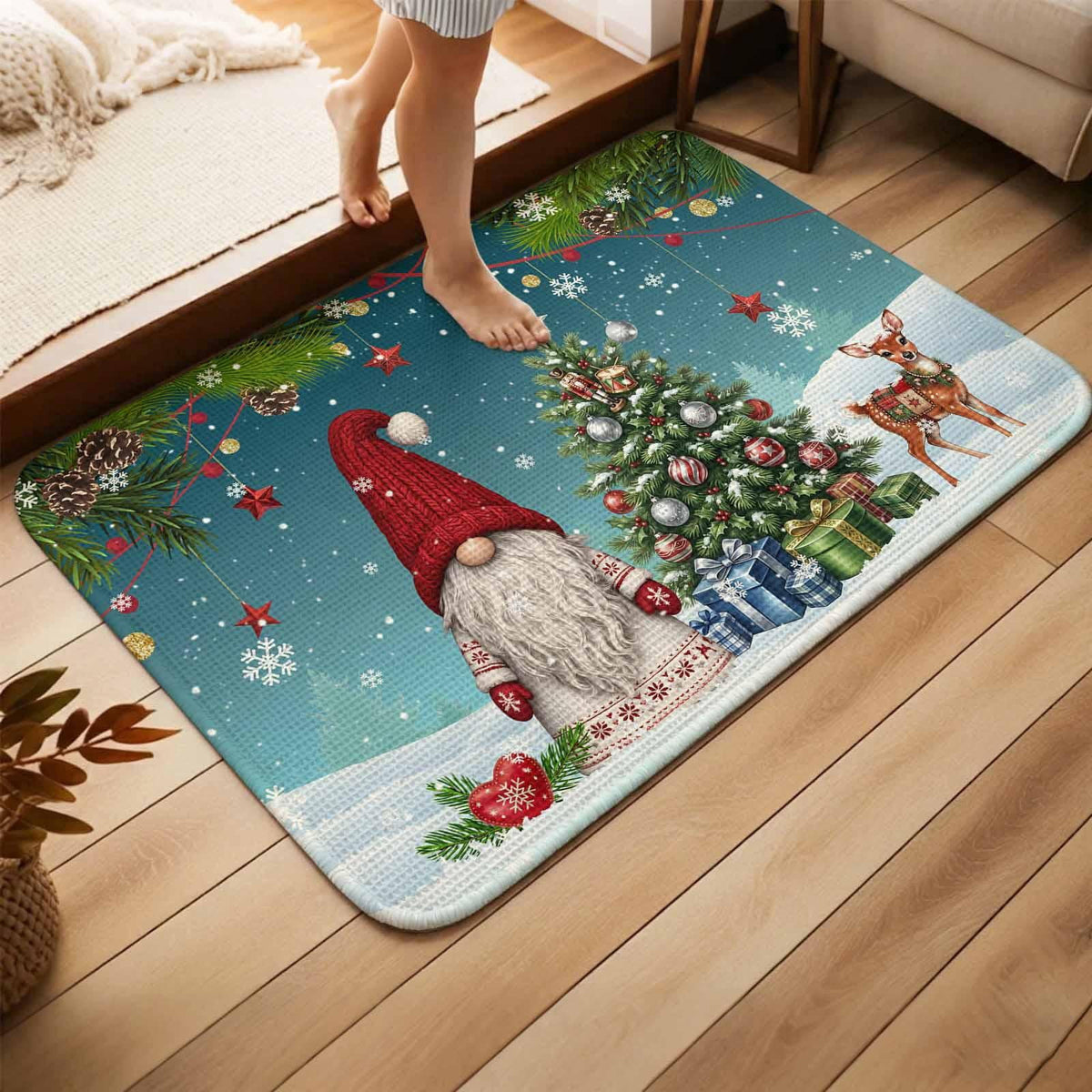 Red Truck Christmas Washable Area Rugs for Living Room Bedroom, Large Non Slip Indoor Floor Carpet Absorbent Xmas Tree Gnomes Navy Blue Snowflake Door Mat Rugs for Bathroom Entryway 63"x90.6"