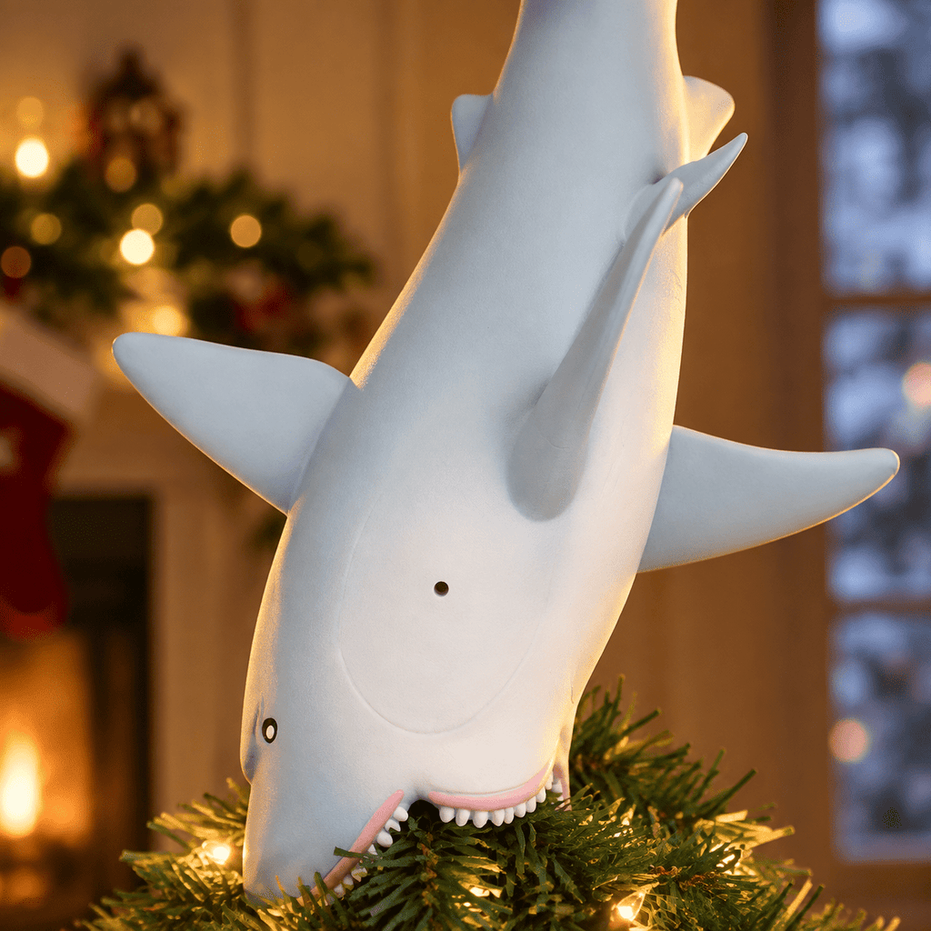 Great White Shark Santa Hat Christmas Tree Topper, 10 Inch Large Holiday Decor