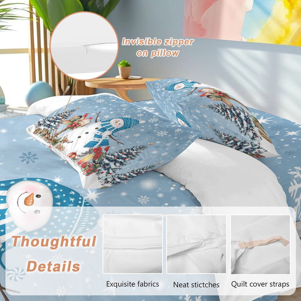 Blue Christmas Snowman Bedding Duvet Cover Set Twin Size 4 Pieces Xmas Tree Elk Balls Snowflake Bedding Set with Zipper Closure, 1 Comforter Cover 68x90 Inches 1 Flat Sheet & 2 Pillow Cases