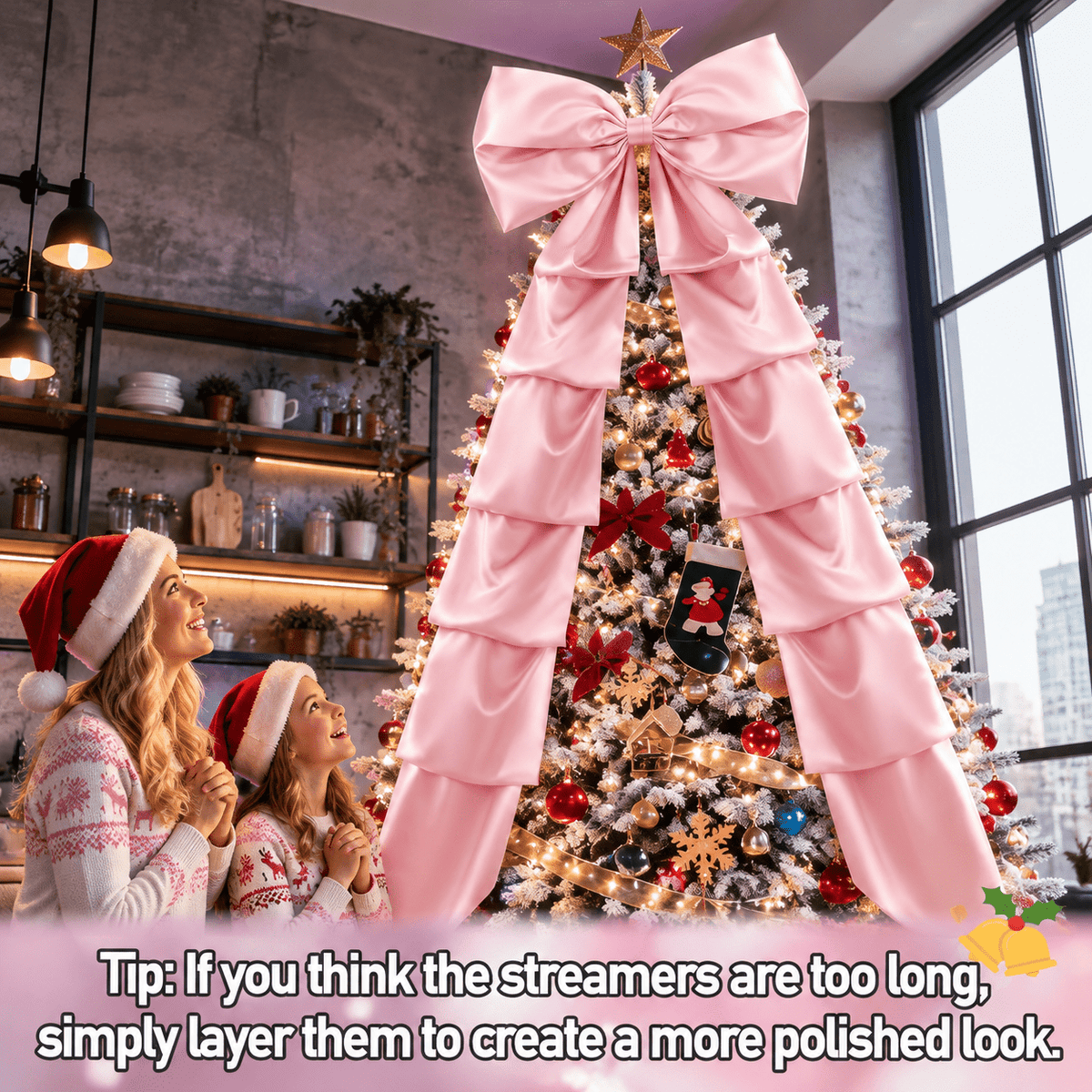 Extra Large Christmas Tree Topper Bow, Pink, 10.2ft Long Ribbons for 9-12ft Trees