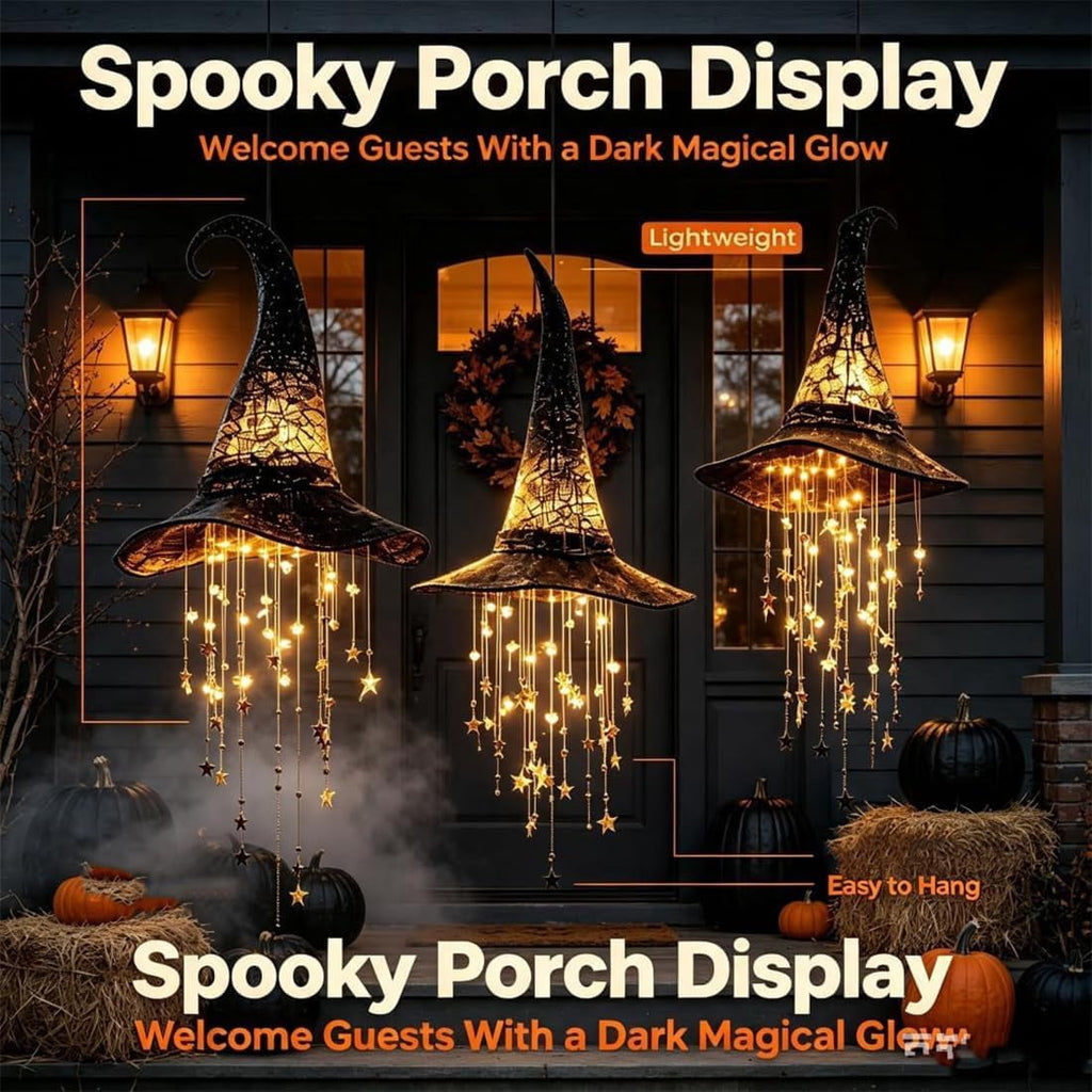 Hanging Witch Hats with Lights - Lighted Black Mesh Witch Hat Chime with Glowing Star Garland for Porch, Tree, Window