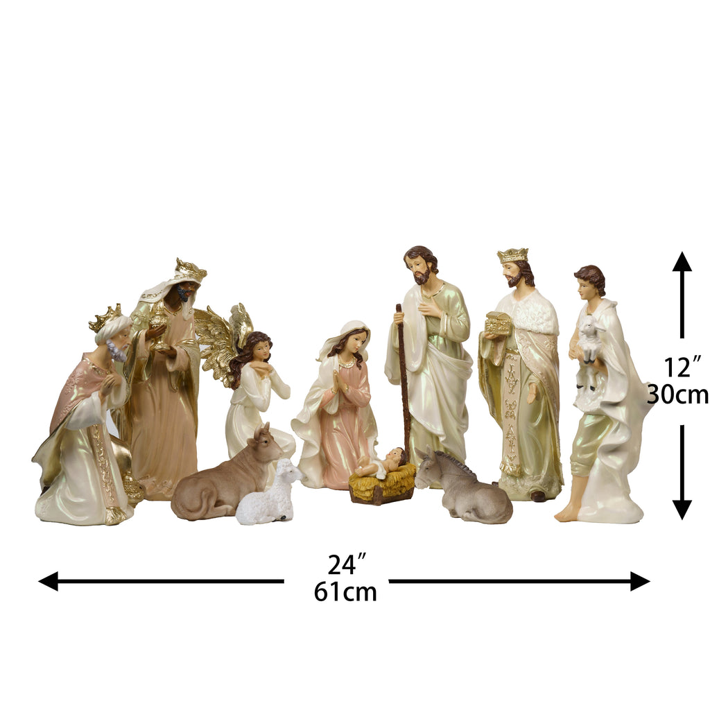 Zayton 11-Piece Nativity Set 8" Light Gold Resin Holy Family Figurines Nativity Scene Tabletop Christmas Decor