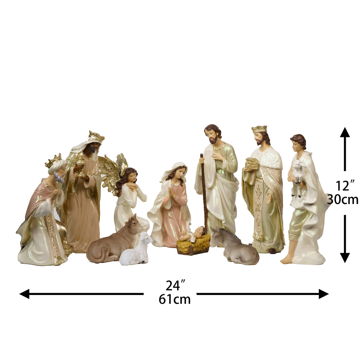 Zayton 11-Piece Nativity Set 8" Light Gold Resin Holy Family Figurines Nativity Scene Tabletop Christmas Decor