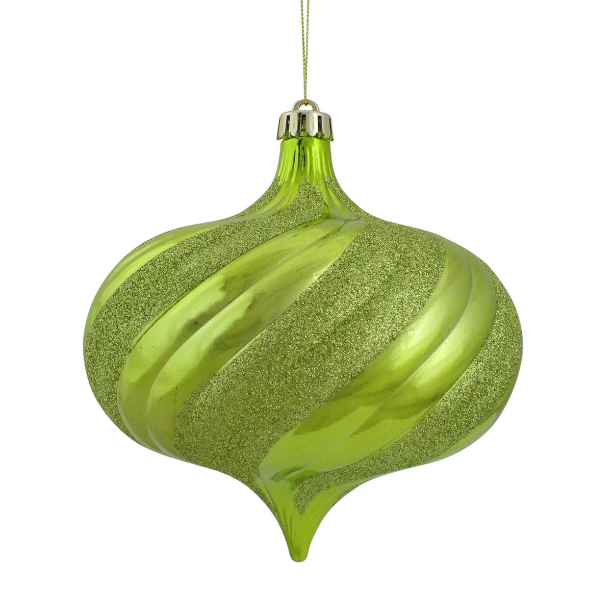 4ct Shiny Green Kiwi Glitter Swirl Shatterproof Onion Christmas Ornaments 5.75"