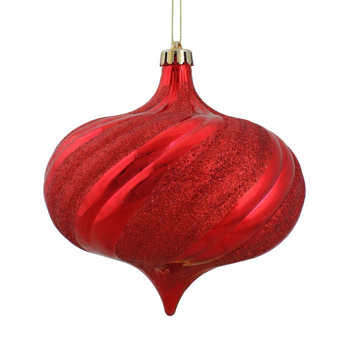 4ct Shiny Red Hot Glitter Swirl Shatterproof Onion Christmas Ornaments 5.75"