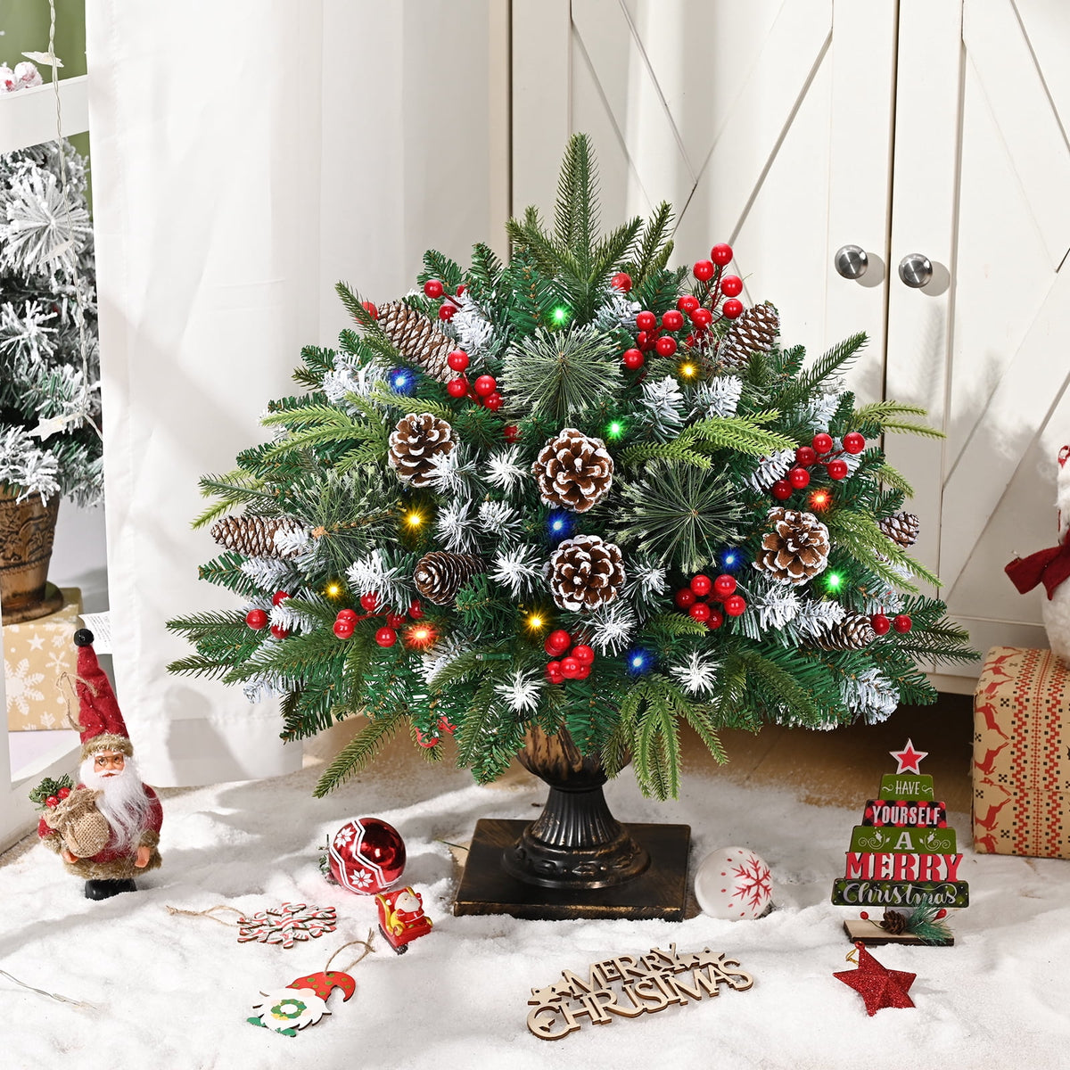 Ikfashoni 2 Pack Christmas Urn Filler, 26 in Pre-lit Outdoor Christmas Tree with Remote, Artificial Christmas Porch Pathway Decoration