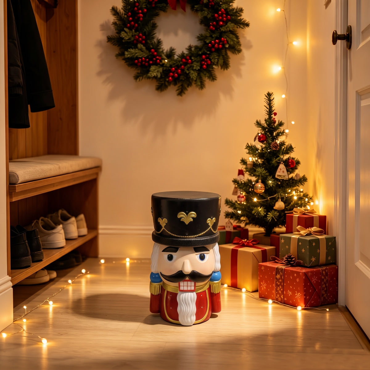 19" Nutcracker Soldier Accent Side Table, Resin Christmas Stool, Black & Red