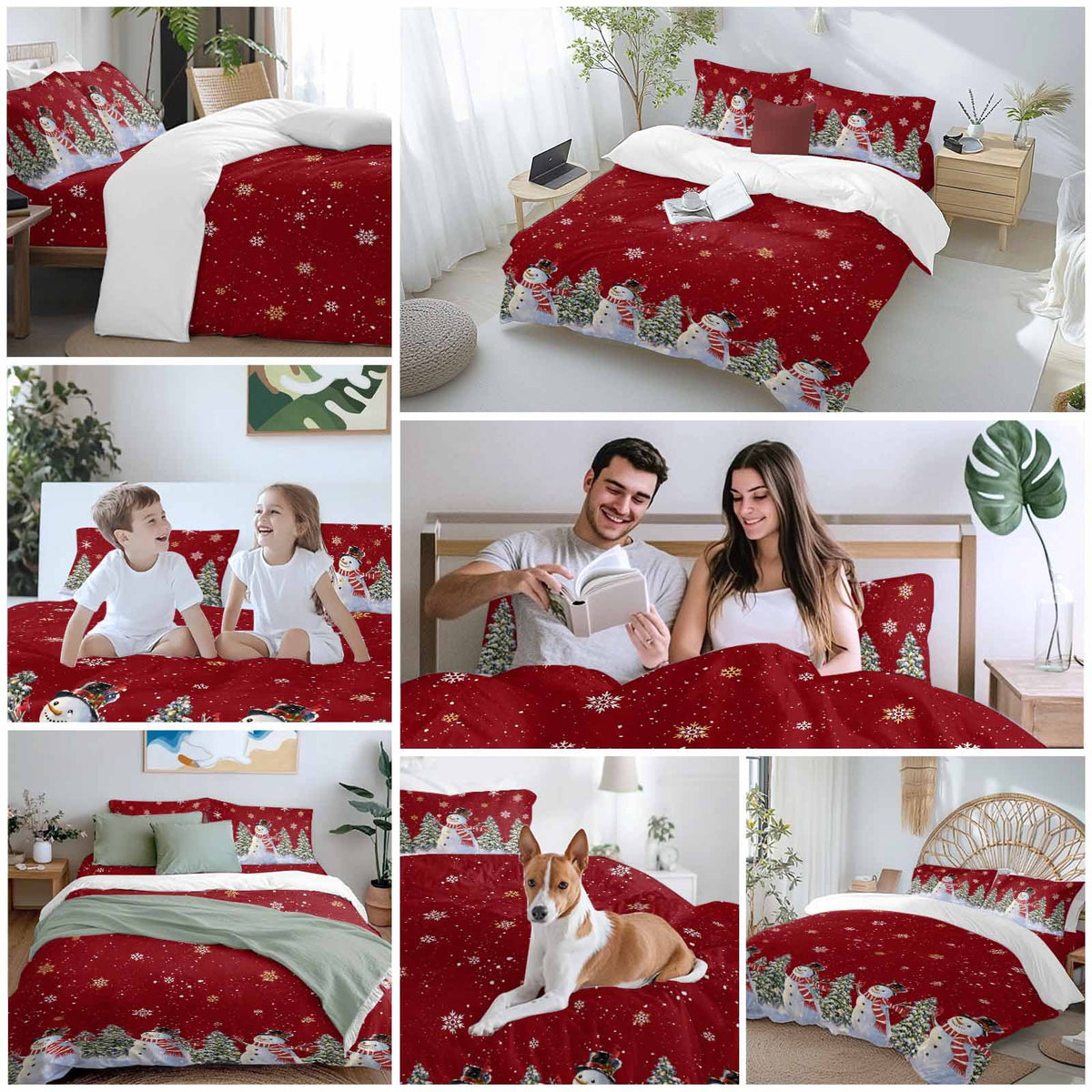Christmas Snowman Bedding Duvet Cover Set Queen Size 4 Pieces Winter Christmas Tree Snowflake Red Bedding Set with Zipper Closure, 1 Comforter Cover 90x90 Inches 1 Flat Sheet & 2 Pillow Cases