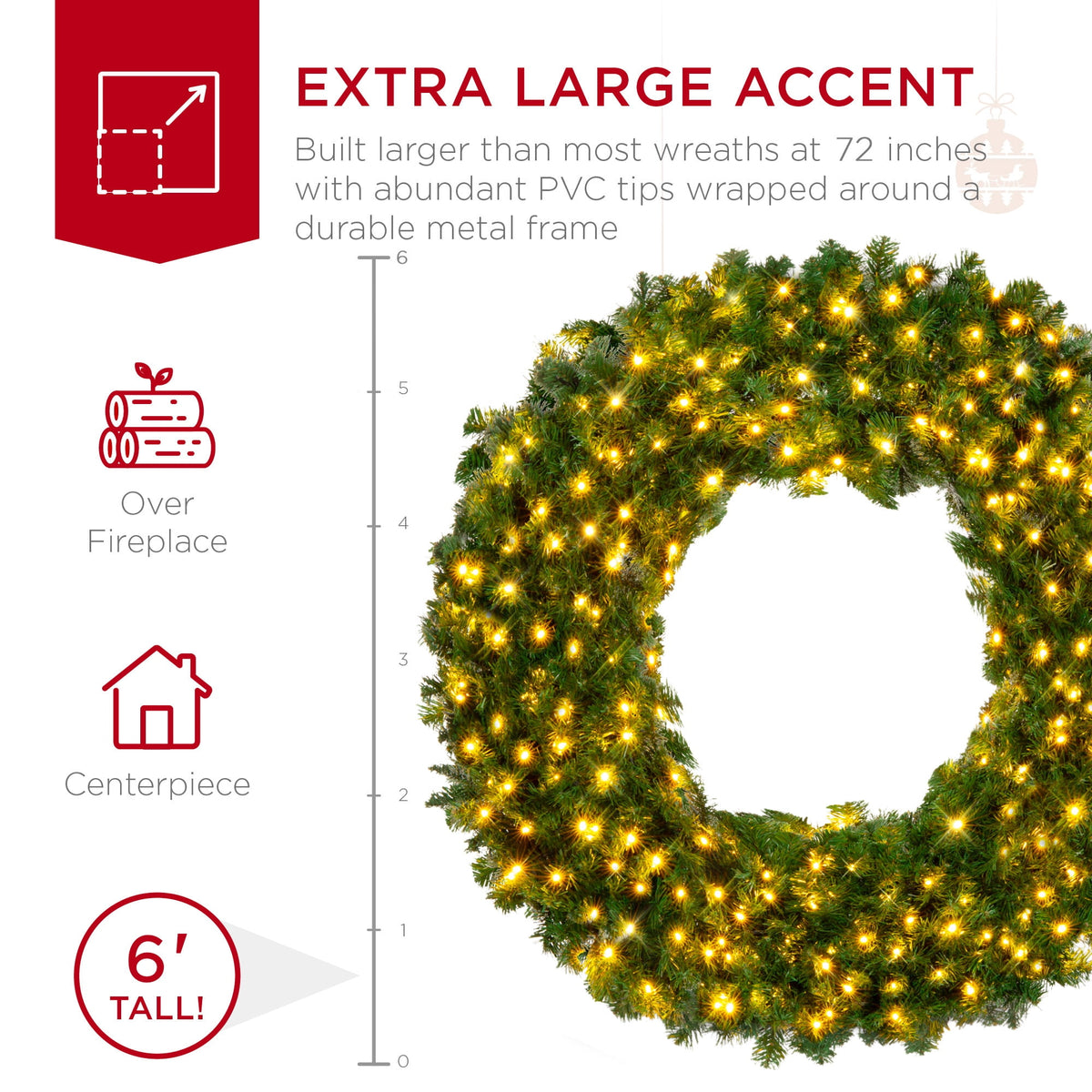 Best Choice Products 48in Artificial Pre-Lit Fir Christmas Wreath Decoration w/ 250 LED Lights, 714 Tips, Power Plug-In
