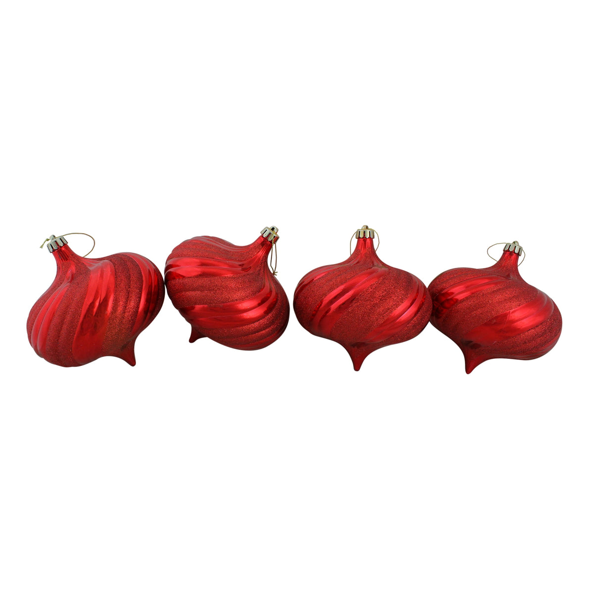 4ct Shiny Red Hot Glitter Swirl Shatterproof Onion Christmas Ornaments 5.75"