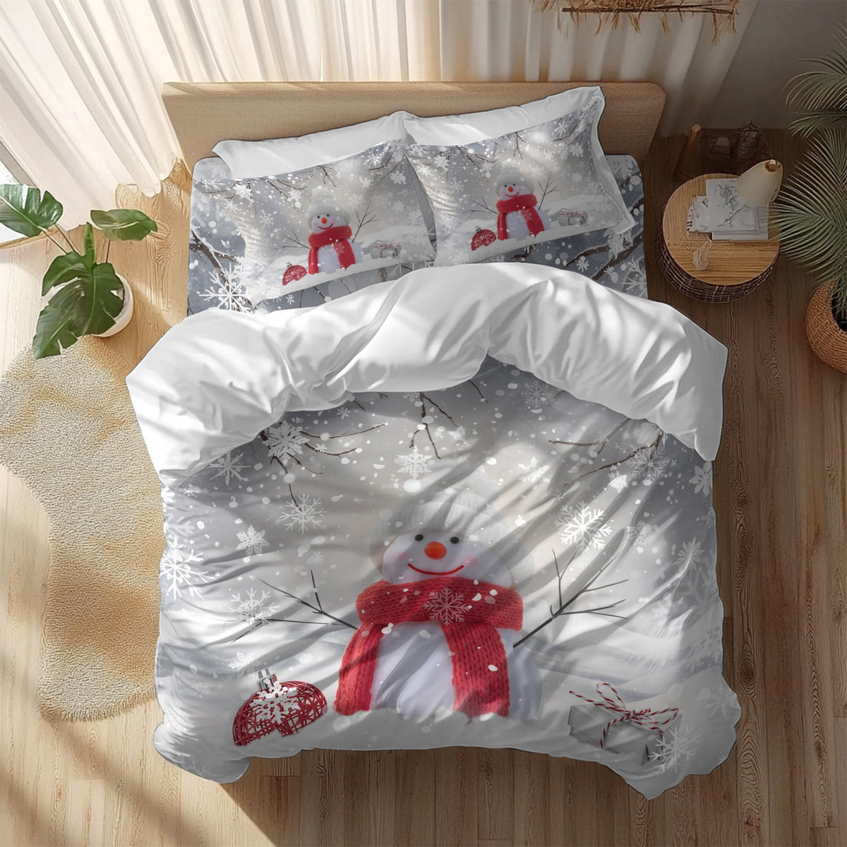 Christmas Duvet Cover Set Twin Size, Cute Red Snowman Pine Branches Winter Snowfall 4 Piece Soft Microfiber Bedding Set with 1 Duvet Cover, 1 Flat Sheet, 2 Pillowcases